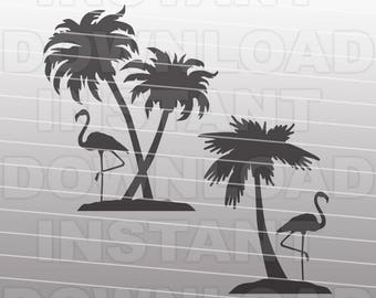 Flamingo Palm Trees SVG File,Beach Scene SVG File - Commercial & Personal Use - vector clip art for Cricut,Silhouette,vinyl cutter