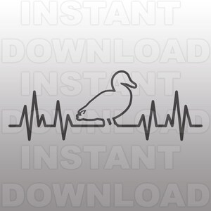 May include: Black and white line art illustration of a duck with a heartbeat line underneath. The duck is facing left and has a simple design.