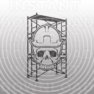 May include: A black and white illustration of a skull wearing a hard hat, inside a scaffolding structure.