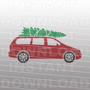 May include: A red minivan with a green Christmas tree on top. The minivan is facing to the right and has a side view.