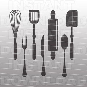 May include: A set of seven black kitchen utensils, including a whisk, spatula, rolling pin, knife, fork, spoon, and a second spatula. The utensils are arranged vertically against a striped background.