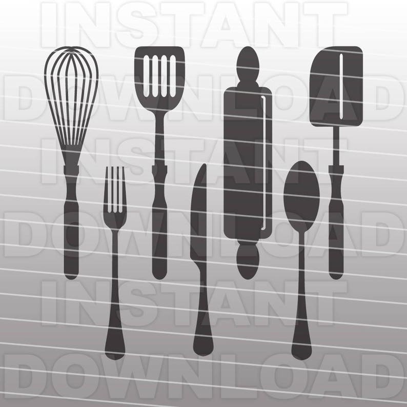 May include: A set of seven black kitchen utensils, including a whisk, spatula, rolling pin, knife, fork, spoon, and a second spatula. The utensils are arranged vertically against a striped background.