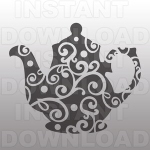May include: A black and white silhouette of a teapot with a swirling floral pattern. The teapot has a rounded body and a spout on the left side. The handle is on the right side.