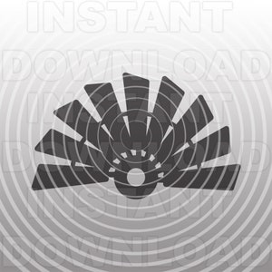 May include: A black and white illustration of a windmill with eight blades. The windmill is centered in the image and has a circular shape.
