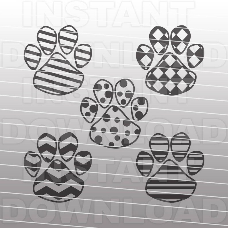 May include: Set of five black and white paw print designs. The paw prints feature different patterns, including stripes, polka dots, and a chevron pattern.
