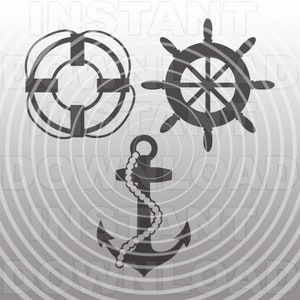 Puede incluir: Una ilustración en blanco y negro de un salvavidas, un timón de barco y un ancla. El ancla tiene una cadena.