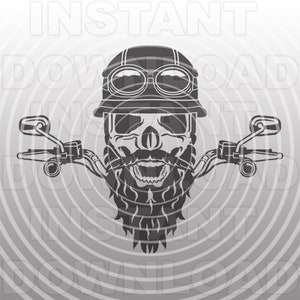 May include: Black and white illustration of a skull wearing a motorcycle helmet and goggles with a handlebar mustache and beard. The skull is wearing sunglasses and has a toothy grin. The image is set against a background of concentric circles.