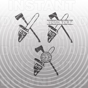 May include: Three black and white illustrations of a chainsaw and an axe crossed over each other. The top illustration has the text "YOUR TEXT" in a banner. The bottom illustration has a circle with the letters "EEE" inside.