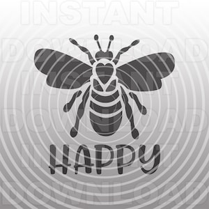 May include: A monochrome illustration of a bee with the word "HAPPY" beneath it. The bee is stylized with a heart-shaped design on its body and wings. The background features concentric circles.