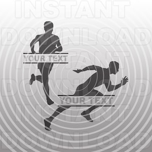 May include: Silhouettes of two runners in a starting position. The runner at the front has a blank banner with the text "YOUR TEXT" above them. The runner at the back has a blank banner with the text "YOUR TEXT" below them.
