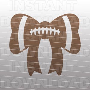 May include: A brown football-shaped bow with white stripes and laces. This vector graphic is ideal for sports-themed crafts, decorations, or digital designs. The image has a simple, clean design.