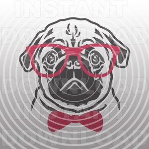 May include: A black and white illustration of a pug wearing red glasses and a red bow tie. The pug has a serious expression on its face.