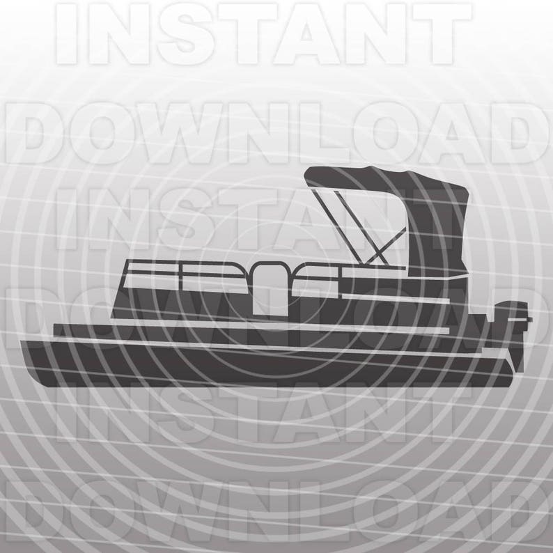 May include: A black silhouette of a pontoon boat with a canopy, a bench seat, and an outboard motor.