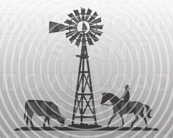 May include: A black silhouette of a windmill with a cowboy riding a horse and a cow grazing in the foreground. The background is a gray gradient with concentric circles.