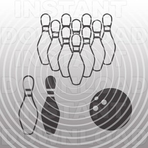 May include: A black and white illustration of a bowling set with ten bowling pins arranged in a triangle formation and a bowling ball. The bowling pins and ball are on a gray background with concentric circles.