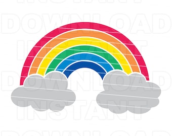 May include: A rainbow with red, orange, yellow, green, blue, indigo, and violet stripes. The rainbow is arched over two gray clouds.