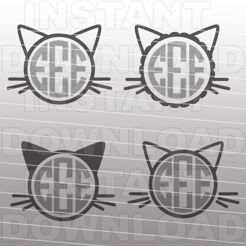 May include: Four black and white cat head silhouettes with a circle in the middle for a monogram. The circle has a decorative border on the top two cat heads.