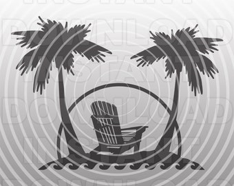 Op de afbeelding: Een zwart-wit silhouet van twee palmbomen met een houten stoel op een strand. De achtergrond is een grijze gradiënt met concentrische cirkels.