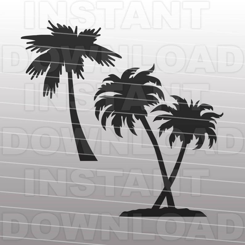 May include: Black silhouette of three palm trees against a light gray background. The palm trees have detailed fronds and slender trunks, with one tree leaning to the left and two trees leaning to the right.