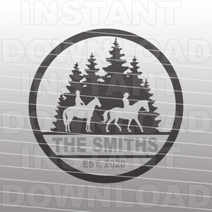 May include: Black and white silhouette of two people riding horses through a forest. The text "The Smiths Est. 2020" is below the image.