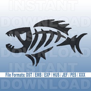 May include: Black and white embroidery design of a fish skeleton with a large open mouth. The design is for embroidery machines and includes the file formats DST, EMB, EXP, HUS, JEF, PES, and XXX.