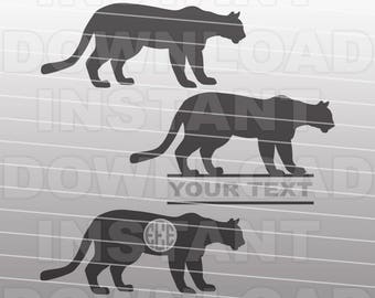 May include: Three black silhouette images of a cougar or mountain lion. The top image is a simple silhouette. The middle image has the text "YOUR TEXT" below it. The bottom image has a monogram in the center of the cougar's body.