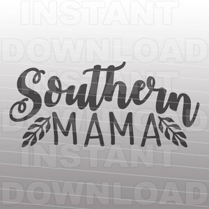 Op de afbeelding: Zwart-wit grafisch ontwerp met de tekst "Southern Mama" in een gestileerd lettertype. De tekst wordt omringd door twee kleine takjes met bladeren.