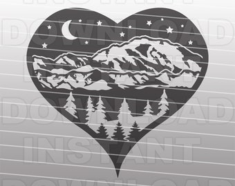 Nattskog, bergsscen med hjärta SVG-fil, campingsvg, bergslivssvg - kommersiellt och personligt bruk - Cricut, cameo, silhuett, vinylklipp