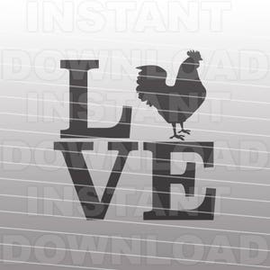 May include: Black and white silhouette of a rooster with the word "LOVE" in large, bold letters.