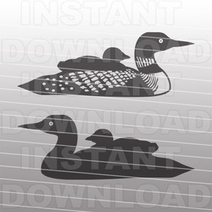 May include: Black and white silhouette of a loon with two chicks. The loon is swimming with its head turned to the side. The chicks are swimming behind the loon.