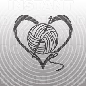 May include: A black and white illustration of a ball of yarn with a crochet hook inside a heart shape.