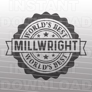 Könnte beinhalten: Schwarz-weiß Grafik eines Abzeichens mit der Aufschrift "WORLD'S BEST MILLWRIGHT". Das Abzeichen hat ein kreisförmiges Design mit Sternen und einem Banner mit der Aufschrift "MILLWRIGHT". Das Abzeichen ist von einem gewellten Rand umgeben.