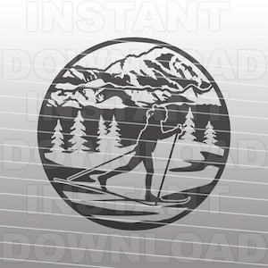 Arquivo SVG de cena de montanha, esquiadora cross-country feminina, arte vetorial SVG para uso comercial/pessoal, Cricut, silhueta de camafeu