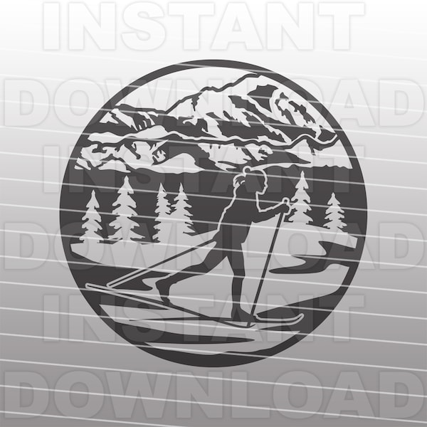 Mountain Scene Female Cross Country Skier SVG File,Woman Cross Country Skiing svg-Vector Art Commercial/Personal Use-Cricut,Silhouette Cameo