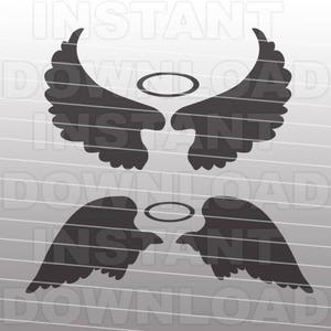 May include: Two sets of black angel wings with a halo above each set. The wings are symmetrical and have a feathery design.