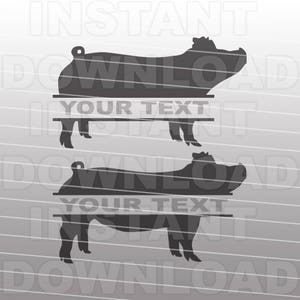 Könnte beinhalten: Zwei schwarze und weiße Silhouettenbilder von Schweinen mit dem Text "Your Text" in einem Banner unter jedem Schwein.