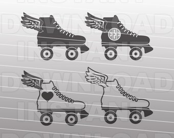 May include: Four black and white roller skate designs with wings. Two designs feature a heart and the other two feature a monogram.