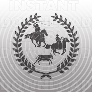 Puede incluir: Silueta de dos vaqueros a caballo, uno lastrando un ternero, dentro de una corona de laurel. La imagen está sobre un fondo gris con círculos concéntricos.