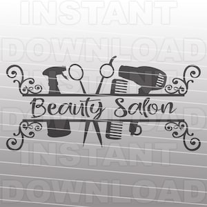 Puede incluir: Diseño de silueta en blanco y negro de un logotipo de salón de belleza con un secador de pelo, tijeras, peine y botella de spray. El texto "Beauty Salon" se muestra en una pancarta.