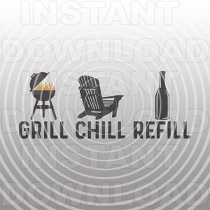 Puede incluir: Gráfico en escala de grises con las palabras "GRILL CHILL REFILL" debajo de imágenes de una parrilla con llamas, una silla Adirondack y una botella. El fondo tiene un diseño radial.