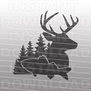 May include: Black silhouette of a deer with antlers, a fish, and a group of pine trees. The image is on a grey background with a striped pattern.