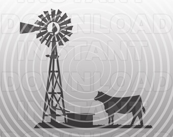 May include: A black silhouette of a windmill with a cow standing in front of it. The windmill has three blades and a tall tower. The cow is facing the windmill and has its head turned to the side. The background is a light gray with concentric circles.