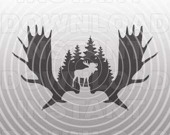 Elch-Geweih Waldszene SVG-Datei, Elch Szene SVG, Stier Elch SVG - Vektor-Kunst kommerzieller / persönlicher Gebrauch-Cricut, Silhouette, Cameo, Vinyl Aufkleber