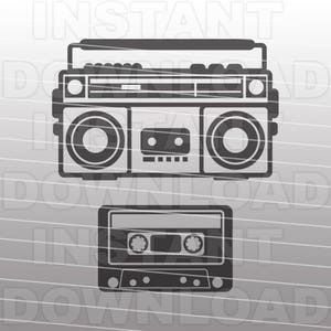 May include: A black and white illustration of a vintage boombox with a cassette tape player below it. The boombox has two speakers, a cassette player, and a radio dial. The cassette tape player has a cassette tape inside.