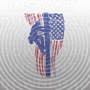 May include: Silhouette of a worker climbing a utility pole, with an American flag in the background. The flag is red, white, and blue with a distressed look. The worker is climbing the pole with tools in hand.