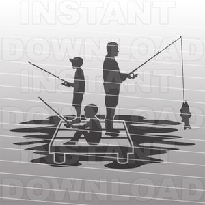 Vater und zwei Söhne mit Angelruten Angeln zusammen am See Dock SVG-Datei, Vektorformat, kommerziell-persönlichen Gebrauch, Cricut, Silhouette Cameo