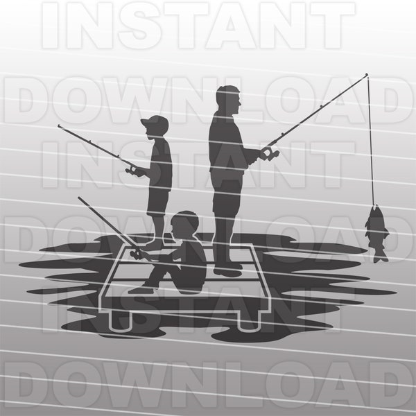 Father and Two Sons with Fishing Rods Fishing Together on Lake Dock SVG File,Vector Format,Commercial-Personal Use,Cricut,Silhouette Cameo