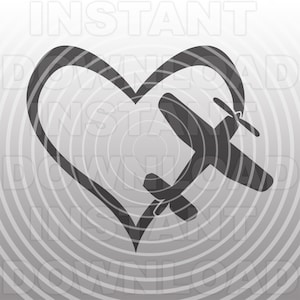 May include: A black silhouette of a plane flying in a heart shape against a gray background with concentric circles.