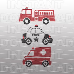 May include: Three cartoon vehicles: a red fire truck with a ladder, a black and white police car with a star, and a red ambulance with a white cross. Each vehicle has a flashing light on top.