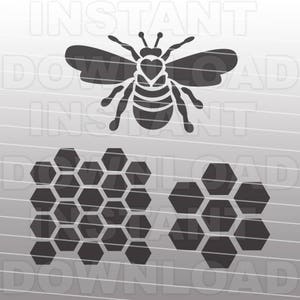 May include: Black and white silhouette of a bee with a heart on its chest, and two honeycomb patterns.